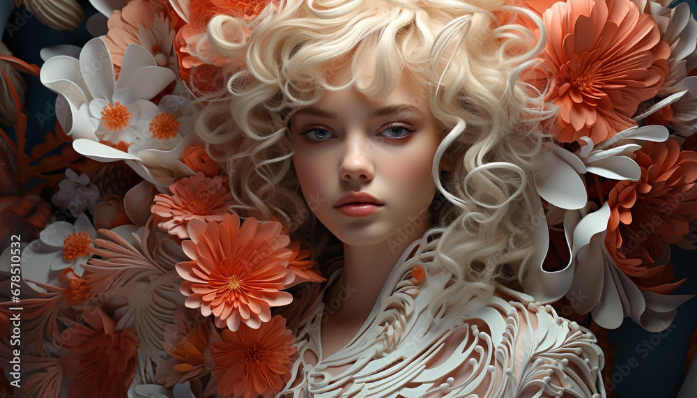 A beautiful young woman with blond hair and a flower generated by AI A beautiful young woman with blond hair and a flower generated by AI