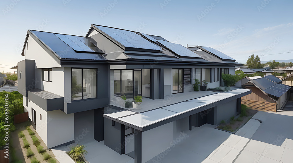 Fototapeta premium Modern house with solar panels. New suburban house with photovoltaic system on roof. Eco friendly passive house with landscaped yard.