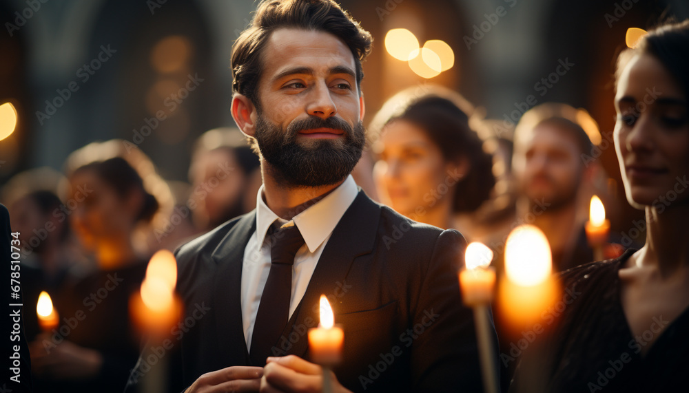 Group of adults celebrating outdoors, illuminated by candlelight, smiling happily generated by AI