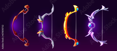 Fantasy bows set isolated on black background. Vector cartoon illustration of magic weapons with wooden, golden, silver handle decorated with gemstones, medieval crossbows, hunting tools, game props