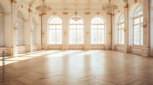 Big Empty room in light colors, big windows, vintage style. © sirisakboakaew