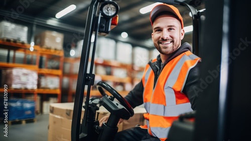 A Portrait of a professional industrial worker driving a forklift, a team of quality control staff storing goods, shelving, Warehouse Workshop for factory workers, quality control engineers.
