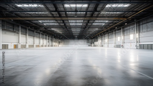 A Empty warehouse with concrete floor inside industrial building Use it as a large factory, warehouse, hangar or factory. Modern interior with steel structure with space for an industrial background.