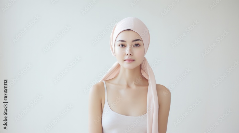 Strong optimistic asian woman in headscarf after chemotherapy. Beast cancer awareness poster Strong optimistic asian woman in headscarf after chemotherapy. Beast cancer awareness poster