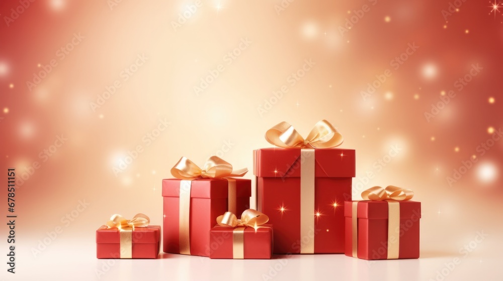 Presents standing on minimal background. Red colored boxes with gold bows and sparkles banner. Presents standing on minimal background. Red colored boxes with gold bows and sparkles banner.
