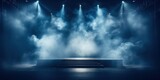 Empty blue stage with volumetric lights and smoke on a background, mockup.