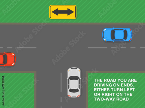 Safe driving tips and traffic regulation rules. Two direction arrow sign meaning. Top view of traffic flow on T-junction. Flat vector illustration template.