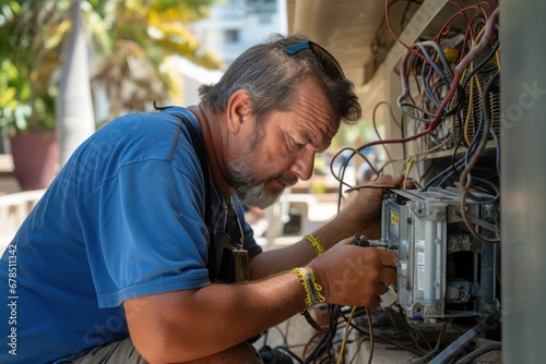Electrician man repairing air conditioner system