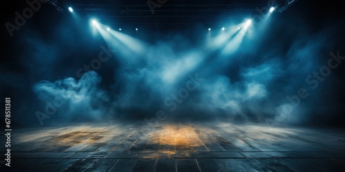 Empty blue stage with volumetric lights and smoke on a background, mockup.