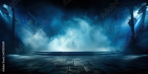 Empty blue stage with volumetric lights and smoke on a background, mockup. © sirisakboakaew