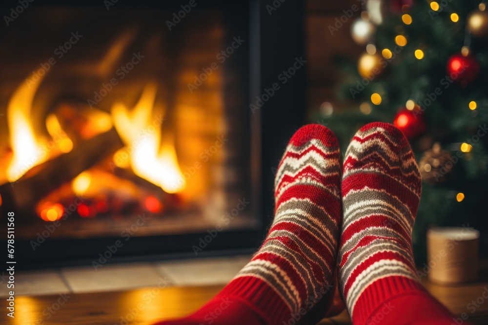 Feet in woollen socks by the Christmas fireplace. Woman relaxes by warm fire with a cup of hot