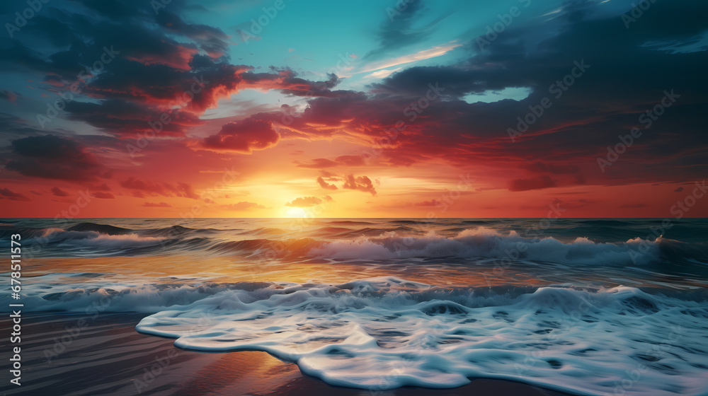 Fototapeta premium Colorful sunset and waves on the beach poster web PPT background