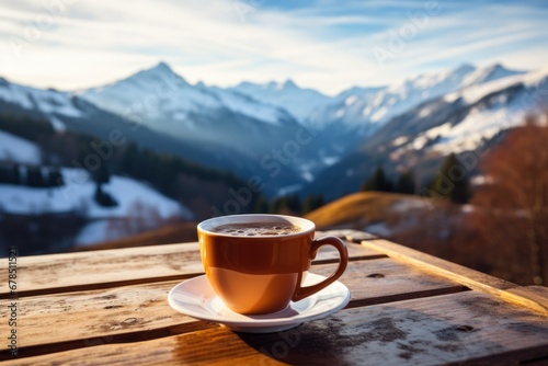 relaxes by mountain view with a cup of hot drink. Close up on feet.