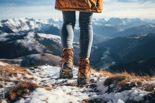 Feet in woollen socks by the Alps mountains view. Woman relaxes by mountain view with a cup of hot drink. Close up on feet. © sirisakboakaew