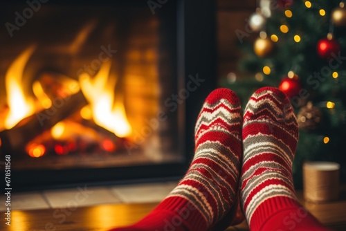 Feet in woollen socks by the Christmas fireplace. Woman relaxes by warm fire with a cup of hot