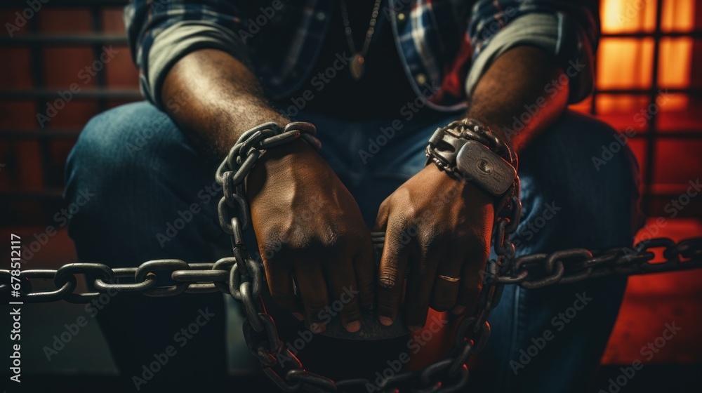 Handcuffs, arrested criminal and black man with stress, worry and anxiety in police station for crime. - obrazy, fototapety, plakaty 