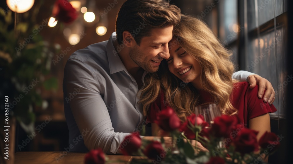 Handsome elegant man is holding roses and covering his girlfriend's eyes Handsome elegant man is holding roses and covering his girlfriend's eyes