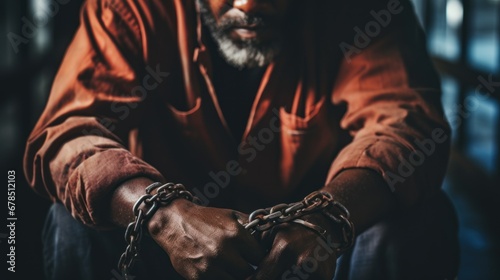 Handcuffs, arrested criminal and black man with stress, worry and anxiety in police station for crime. photo