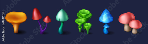 Fantasy mushrooms set isolated on background. Vector cartoon illustration of magic fungi in neon blue, green, yellow, red, turquoise colors, fairytale forest design elements for game user interface