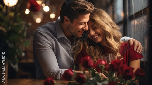 Handsome elegant man is holding roses and covering his girlfriend's eyes