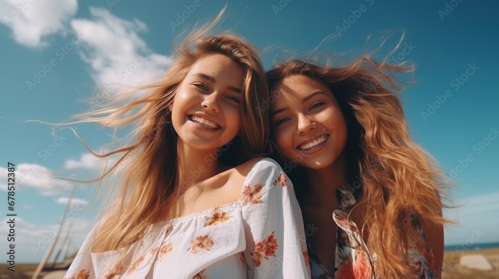 Fototapeta premium Lovable caucasian girls expressing positive emotions to camera.