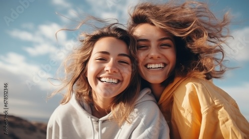 Lovable caucasian girls expressing positive emotions to camera.