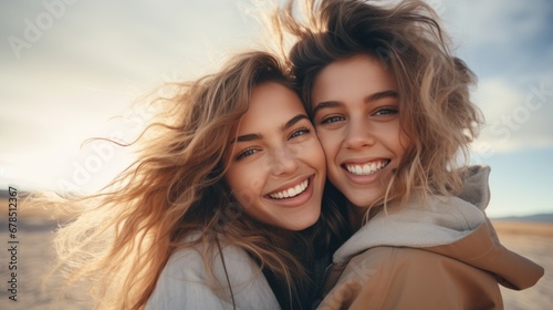 Lovable caucasian girls expressing positive emotions to camera.