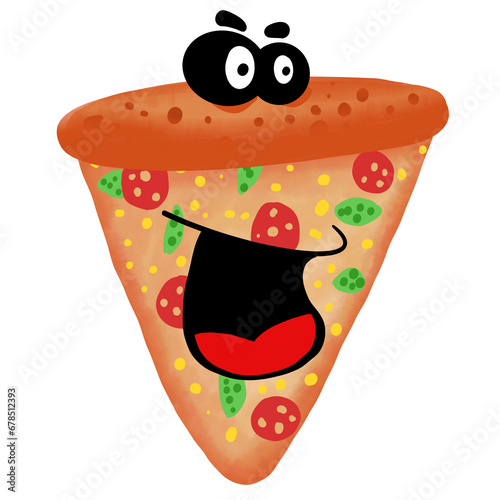 Cartoon pizza face, big black eyes