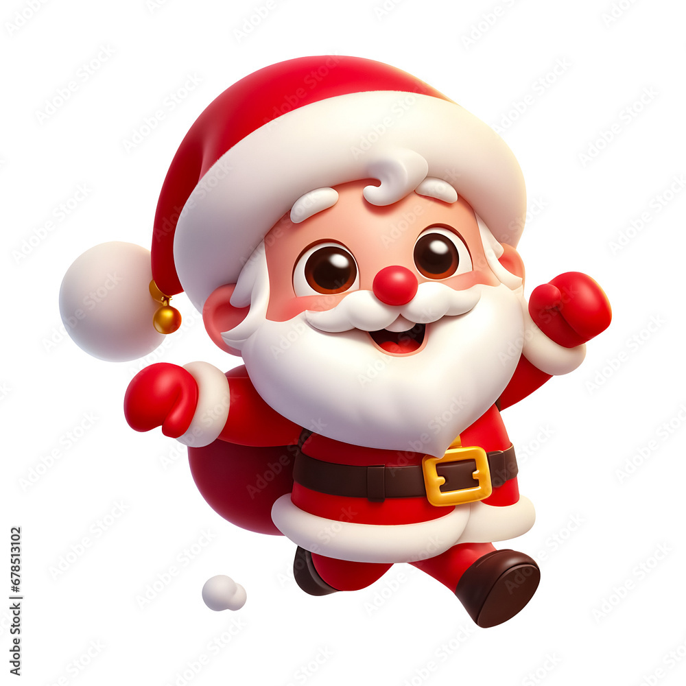 3D animated style Santa Claus with gifts on his back isolated on white background.