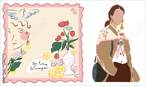 scarf design with nature and human beauty motifs with modern colors