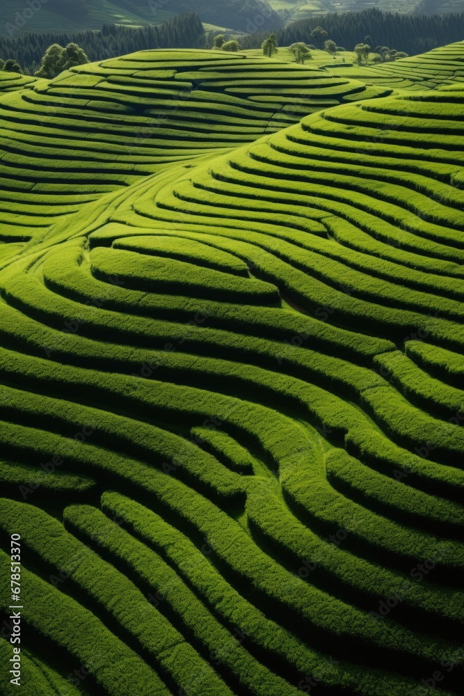 Fototapeta premium Green tea plantation at sunrise time,nature background. AI Generated