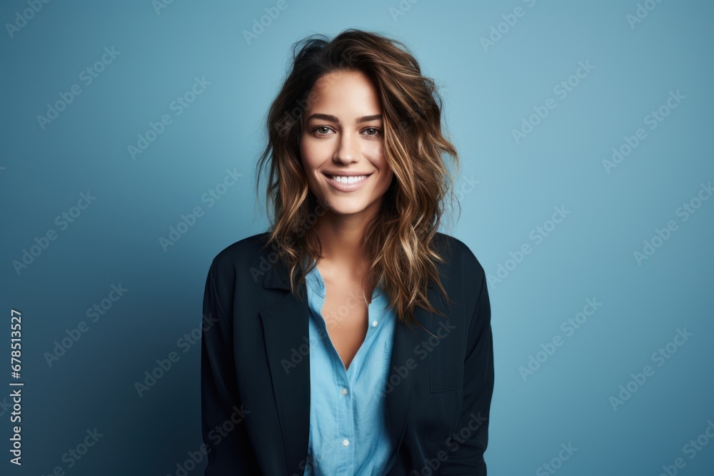 smiling Woman photographer is taking images photo with dslr camera isolated studio blue background. smiling Woman photographer is taking images photo with dslr camera isolated studio blue background.