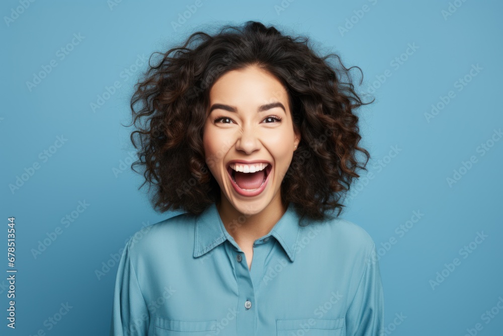 smiling Woman photographer is taking images photo with dslr camera isolated studio blue background. smiling Woman photographer is taking images photo with dslr camera isolated studio blue background.