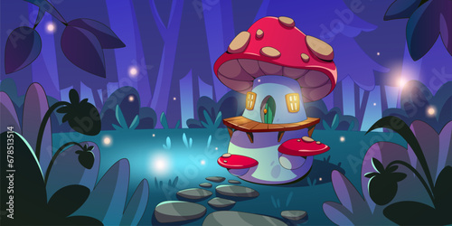 Gnome mushroom houses in night forest. Vector cartoon illustration of fly agaric hut with door and windows in grass on dark wood glade  fireflies glowing with neon light between trees  game background