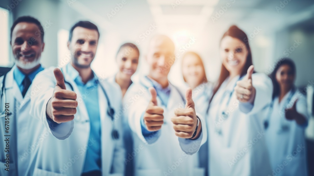 Thumbs up, success and team of doctors for healthcare support, thank you or excellence in hospital services. Medical group - obrazy, fototapety, plakaty 