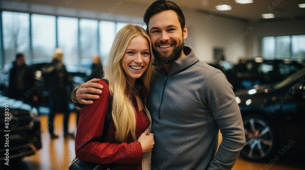 Visiting car dealership. Beautiful couple is holding a key of their new car Visiting car dealership. Beautiful couple is holding a key of their new car