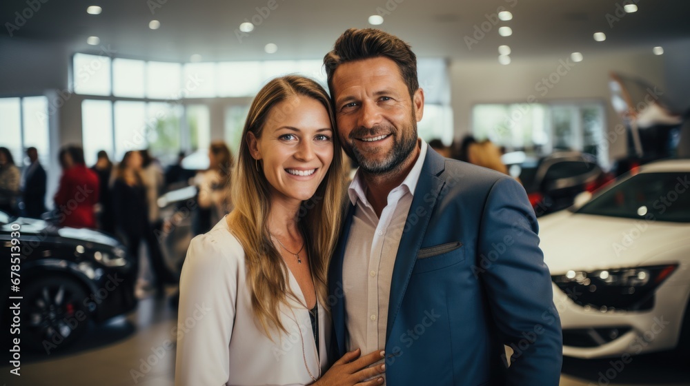 Visiting car dealership. Beautiful couple is holding a key of their new car Visiting car dealership. Beautiful couple is holding a key of their new car