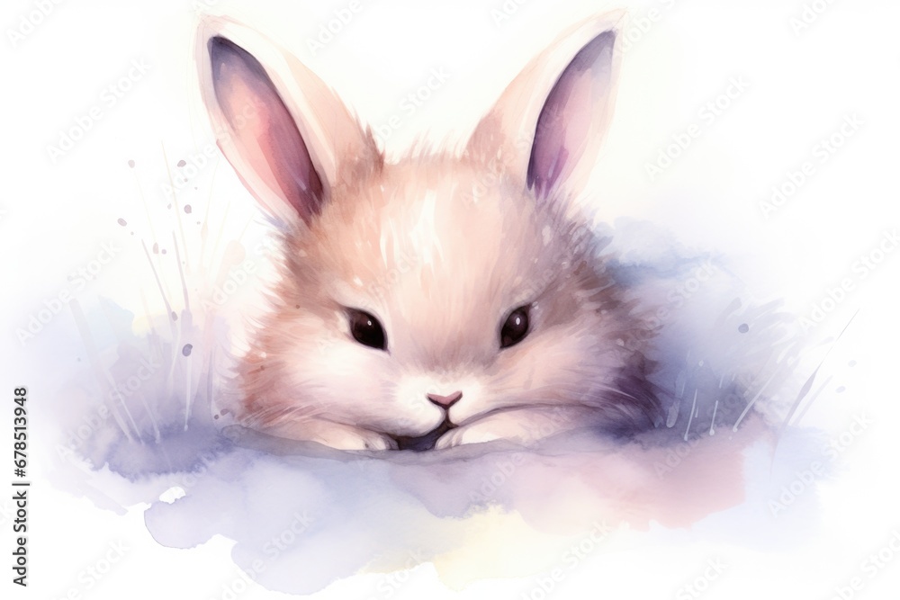 Gentle watercolor brush strokes capture rabbit in peaceful pose. Illustration techniques.