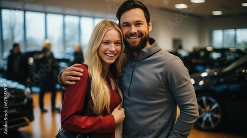 Visiting car dealership. Beautiful couple is holding a key of their new car