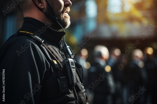 Fotografia Walkie talkie, man and security guard for police service, backup support and safety