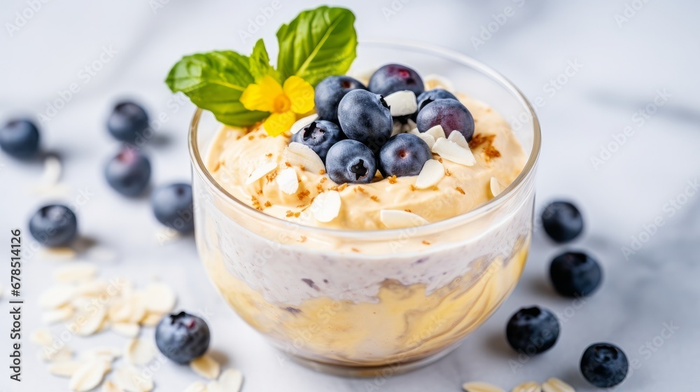 Indulge in a delightful bowl of overnight oats infused with the tangy essence of lemon and bursting with juicy blueberries, elegantly presented on a sleek white marble countertop Indulge in a delightful bowl of overnight oats infused with the tangy essence of lemon and bursting with juicy blueberries, elegantly presented on a sleek white marble countertop