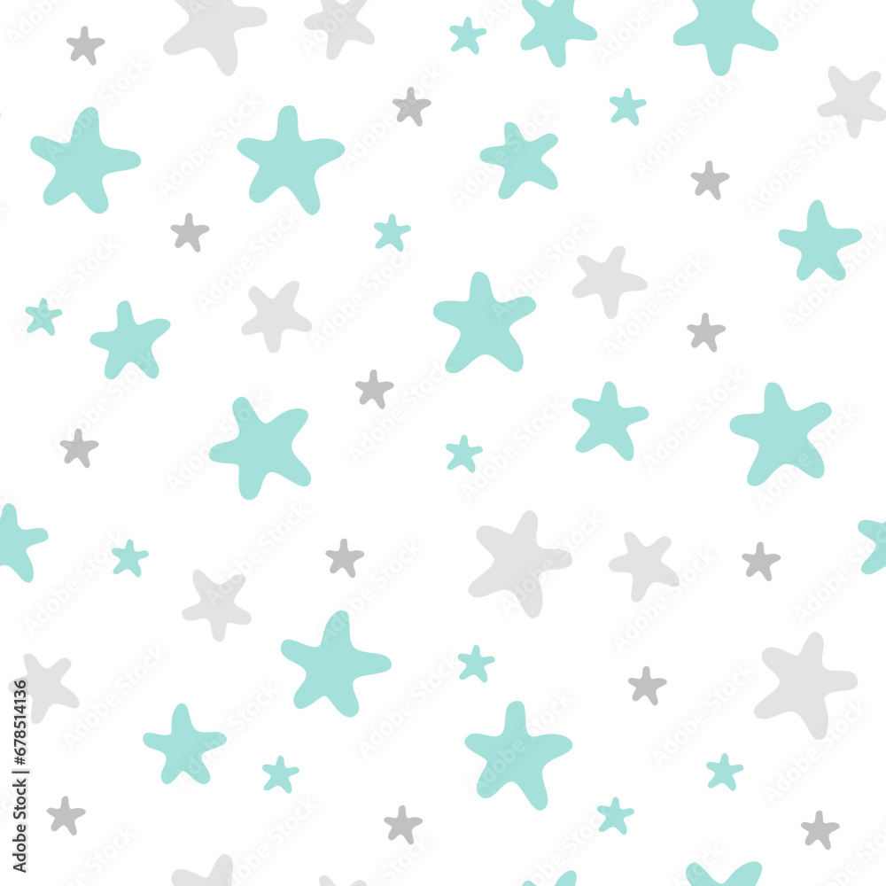 Seamless vector pattern. Cute blue and gray sea stars. Illustration in naive style. Vector illustration