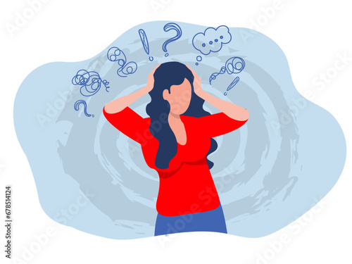 woman suffers from obsessive thoughts headache unresolved issues psychological trauma depression.Mental stress panic mind disorder illustration Flat vector illustration.