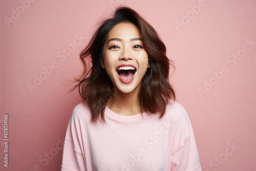 Young happy asian teen woman shout story or making announcement