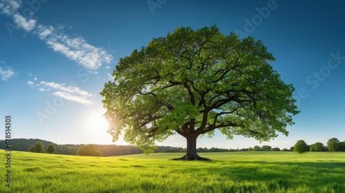 Radiant sunlight beams through a splendid green oak tree standing in a picturesque meadow  set against a backdrop of a cloudless  vibrant blue sky