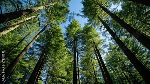 Capturing the tranquil beauty of nature, this image showcases an upward view into the forest canopy near Port Renfrew in British Columbia, Canada, revealing the towering trees and serene woodland 