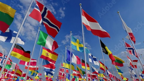 Many international flags of european countries fluttering in wind against blue sky. 3D rendering.
Flag of world. European flags waving in the wind. photo