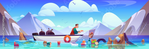 Man floats in boat on ocean or sea and collects garbage from water with net. Cartoon vector male person cleaning environment from pollution. Volunteer cleanup lake littered with trash and waste.