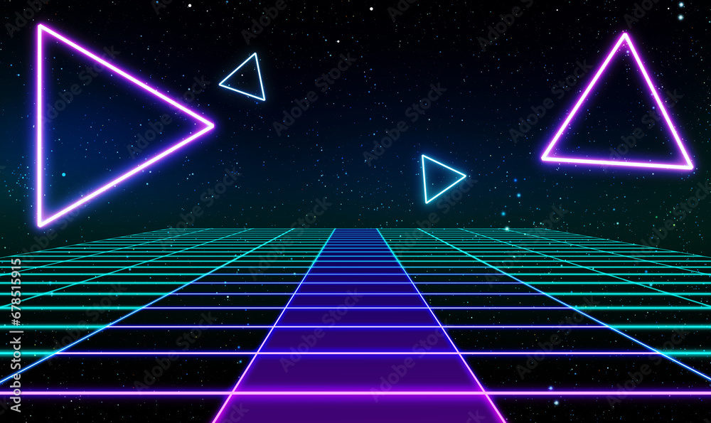 Retro Sci-Fi Background Futuristic Grid landscape of the 80`s. Digital Cyber Surface. Suitable for design in the style of the 1980`s. 3D illustration