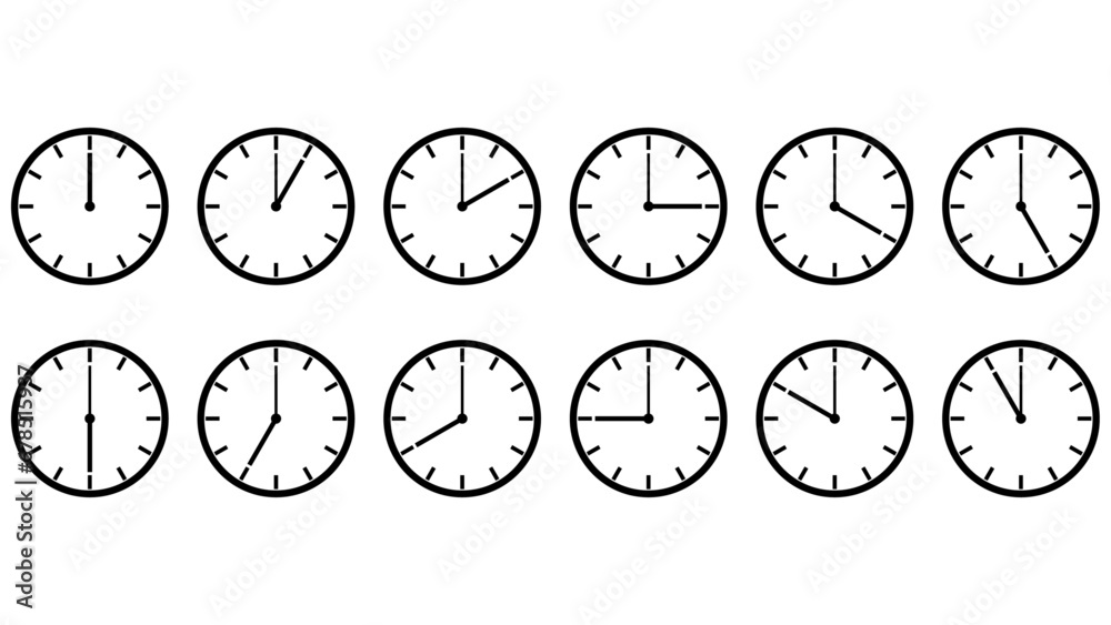 set-of-analog-clock-icon-showing-every-hour-horizontal-isolated-on-white-vector-illustration set-of-analog-clock-icon-showing-every-hour-horizontal-isolated-on-white-vector-illustration